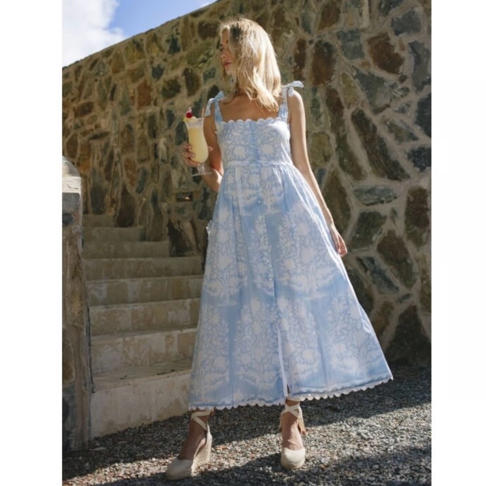 Juliet Dunn Light Blue and White Scalloped Button Up Midi Dress